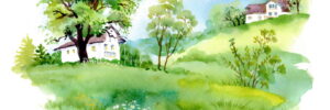 Landscape with houses, watercolor illustration